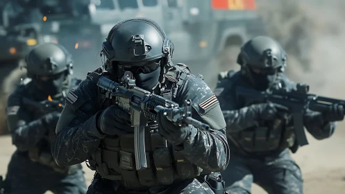 Special operations soldiers advance through dusty combat zone.