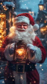 Figure in red suit holds lantern in snowy illuminated street