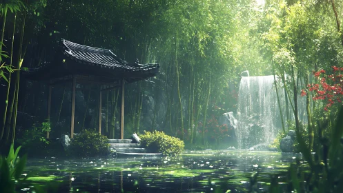 Serene bamboo pavilion beside cascading forest waterfall.