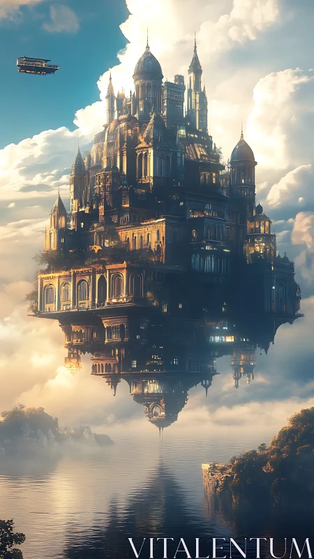 Soaring sky castle drifting softly above a quiet silver sea.