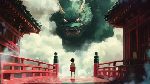 Child faces huge green dragon above cloudy red bridge