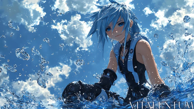 Skyward water guardian in a splashlit anime horizon.