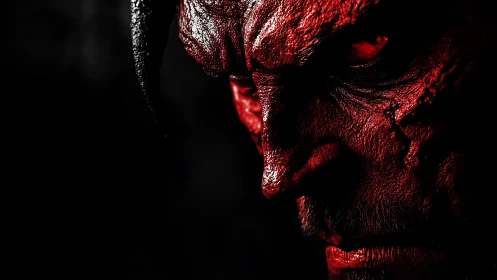 Brooding red demon portrait glowing from the shadows.