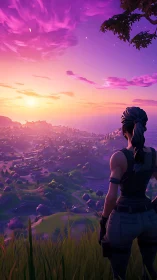 Sunset hero watches a glowing valley promise new adventures