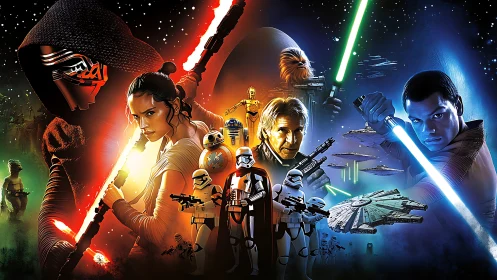 Galactic lightsabers clash in a vibrant space showdown.