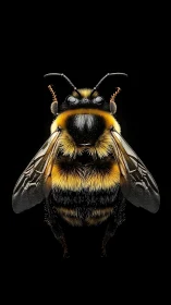 Hyper-detailed bumblebee portrait on deep black field.