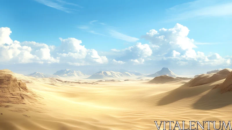 Sunlit desert dunes unfold beneath vast cloud-filled skies.
