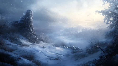 Digital painting of a frozen valley with atmospheric depth staging.