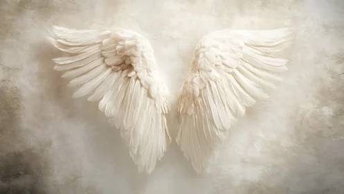 Silent alabaster angel wings suspended on a clouded wall.