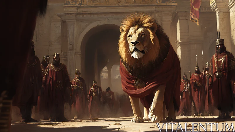 Regal lion procession in sunlit ancient imperial courtyard.