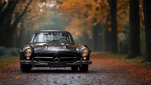 Autumn boulevard classic car gleams under ember-leaf canopy.