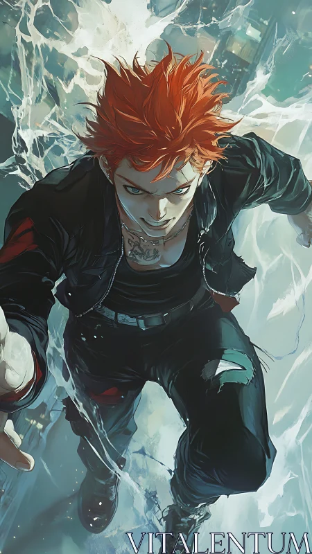 Red haired character sprints forward through splashing water