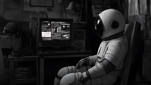 Solitary astronaut unwinds with retro screens in grayscale calm.