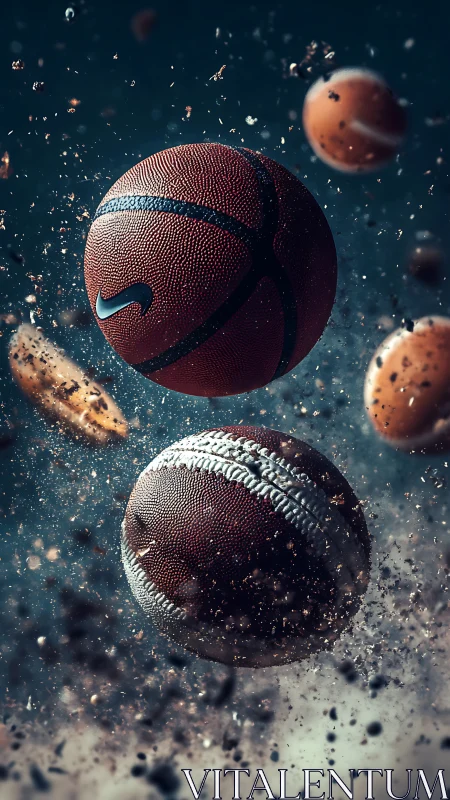 Exploding sports balls in dynamic suspended motion scene.
