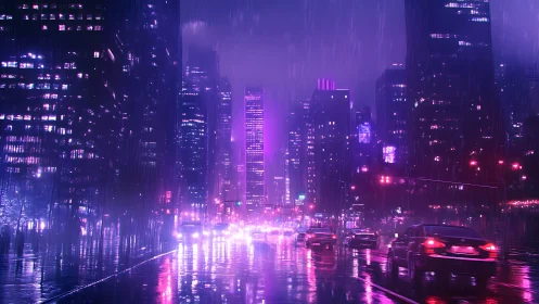 Neon drenched city boulevard under vibrant magenta rain.