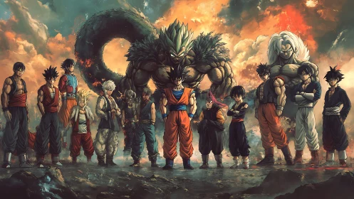 Epic anime warriors assemble before fiery storm horizon.