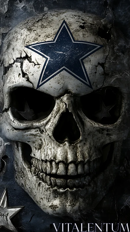 Weathered skull with star insignia and corroded bone texture.