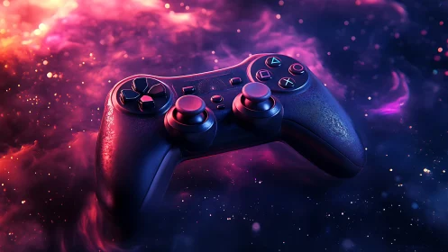 Gaming Controller Rendered in Neon Cyberpunk Aesthetic with Dynamic Particle Effects.