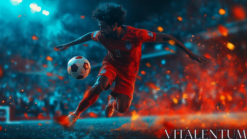 Blazing stadium striker dancing through sparks and twilight.