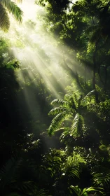 Sunlight penetrating dense tropical forest canopy.