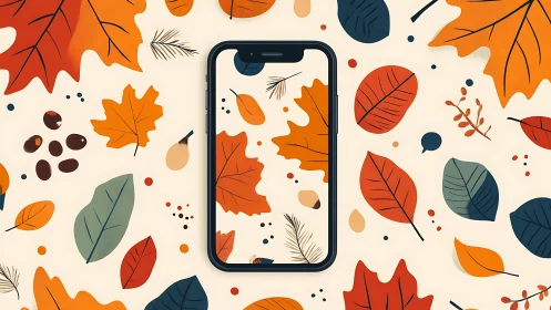 Autumn leaves pattern framing smartphone screen illustration.