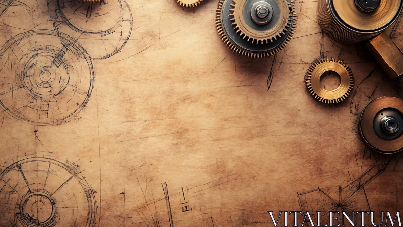Mechanical gears on aged drafting board with radial schematics