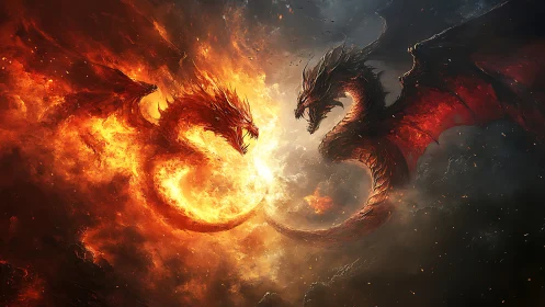 Twin inferno dragons braid firelight into a storming halo