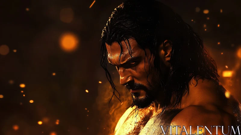 Brooding warrior lowers his gaze amid glowing embers