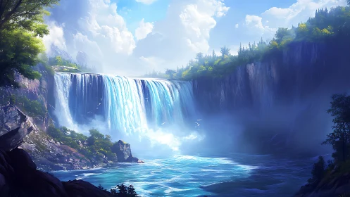 Wide-angle cascade waterfall under volumetric light and mist