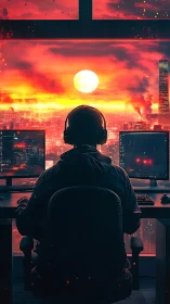 Headset user at multi-screen desk facing red urban skyline.