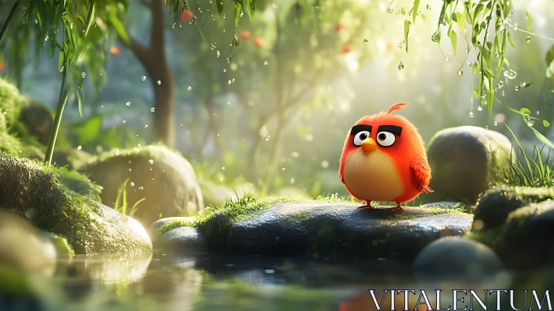 Cute red cartoon bird standing on wet mossy river rock.