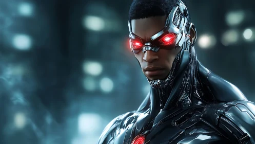 Cyborg subject is rendered with illuminated red optical implants