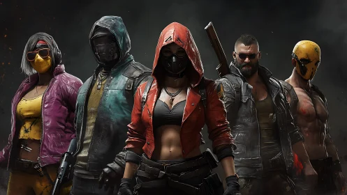 Masked urban combatants in stylized dystopian lineup.