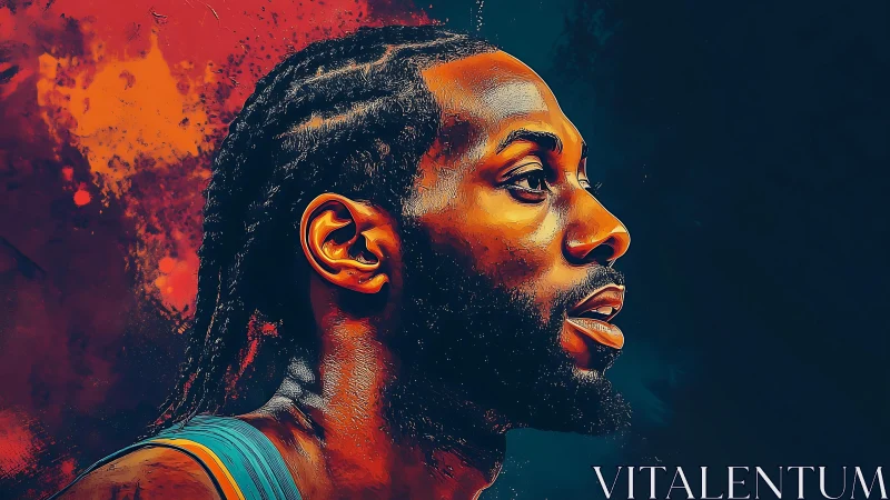 Digital portrait of focused basketball player in profile.