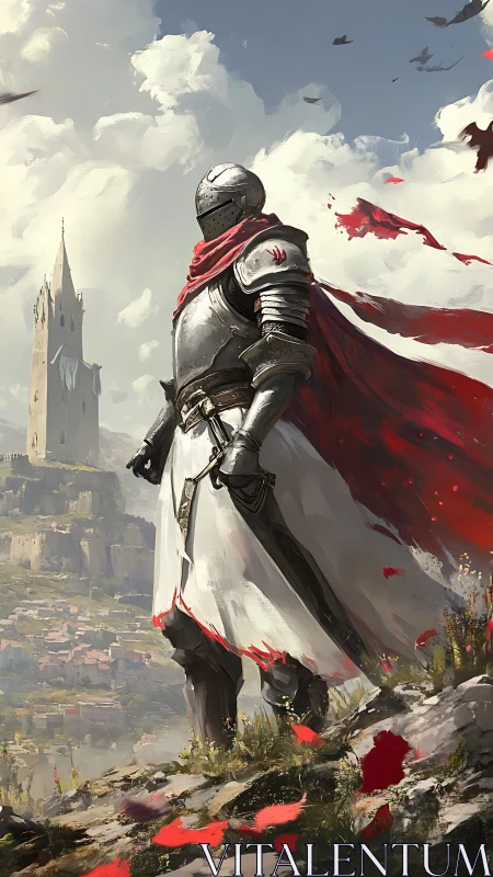 Armored knight stands on rocky cliff above distant fortress