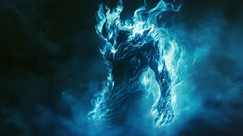 Ethereal blue fire entity stalks through swirling void.