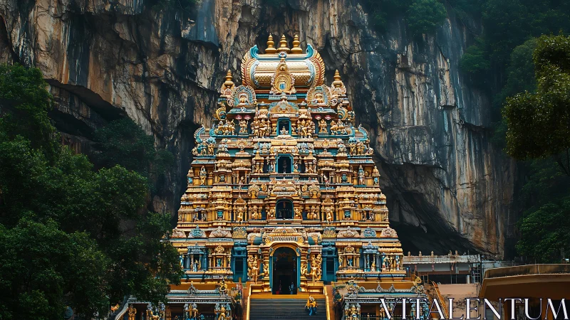 Ornate Hindu temple gopuram framed by steep limestone cliffs.