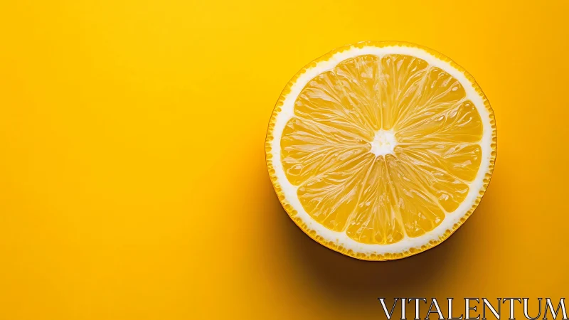 Half lemon on solid yellow background in sharp closeup.