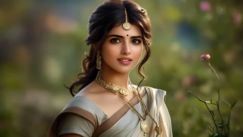 Elegant woman in saree with gold jewelry in soft garden light.