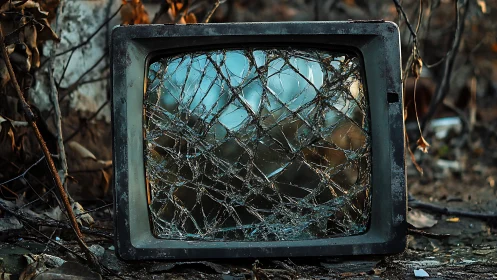 Old broken TV screen with shattered glass outdoors.