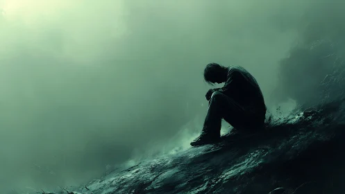 Solitary figure on misty slope in moody green light.