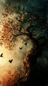 Twisted autumn tree divides warm and cool textured sky dramatically