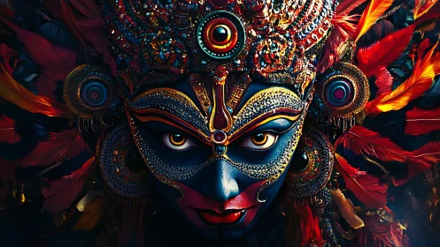 Ornate blue goddess mask glows amid red feathered headdress