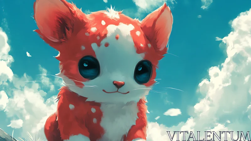 Red spotted kitten illustration under bright sky.