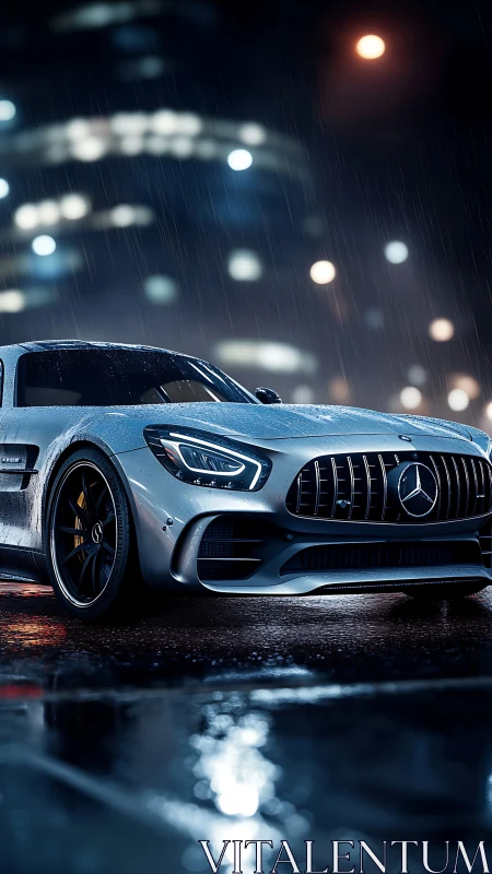 Silver performance coupe on wet city street at night.