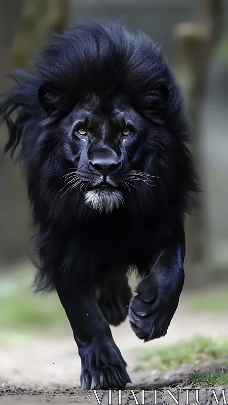 Black-maned lion moves forward on a shallow depth path