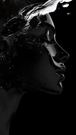 Liquid black profile sculpture with abstract fluid splash.