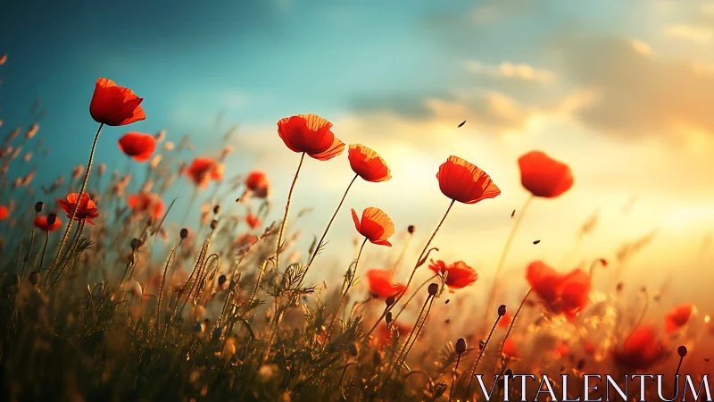 Red poppies in field with diffused golden sky light.
