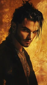 Cinematic low-key portrait with molten-gold textured backdrop.