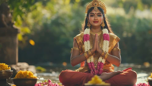 Young woman in traditional attire meditating outdoors.